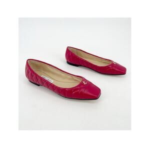Jimmy Choo Leni Raspberry Quilted Leather Logo Square Toe Ballet Flats IT 39.5